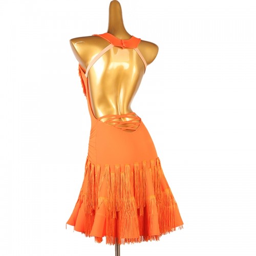 Orange fringe competition latin dance dresses for women girls halter neck latin salsa rumba chacha ballroom dance skirts  modern dance wear for female